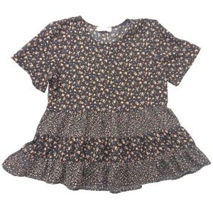 Paper Crane Womens Floral Tiered Babydoll Top Black Short Sleeve Small
